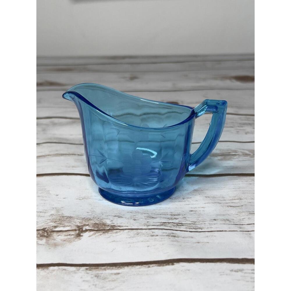 Vintage Hazel Atlas Blue Etched Glass‎ Creamer